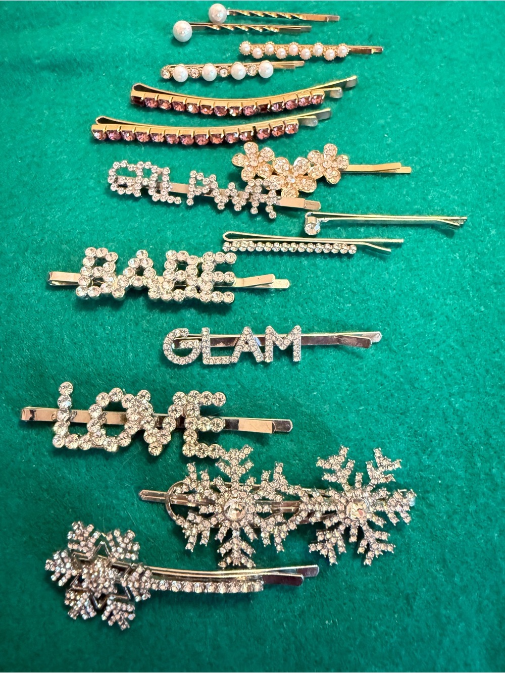 Crystal Word & Snowflake Hair Pin Set - Gold Tone